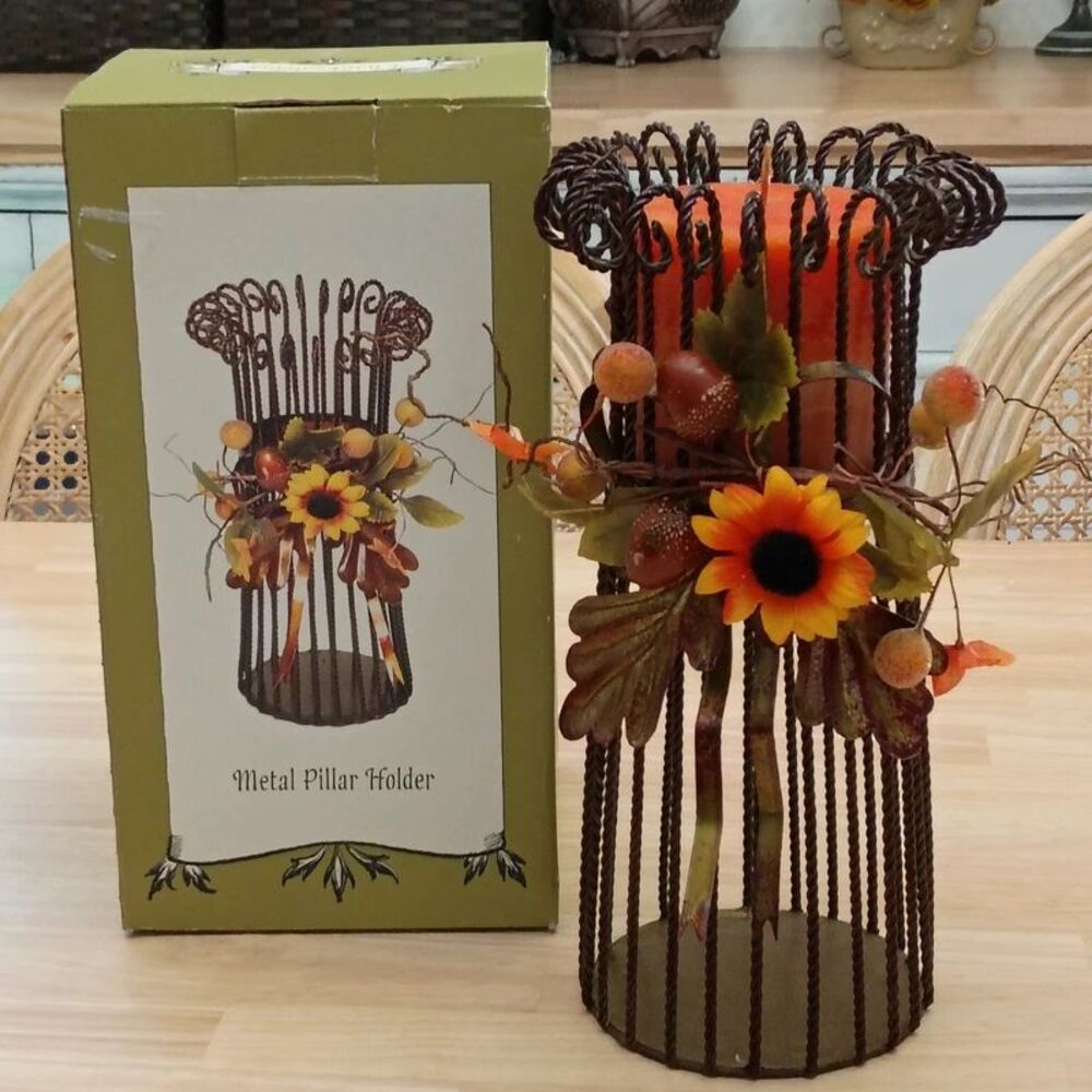 Autumn Harvest Floral Metal Pillar Candle Holder Country Farmhouse Decor